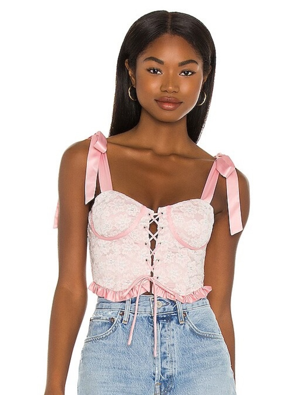 Majorelle Revolve Lyla Pink Lace Tie Strap Cropped Corset Top Coquette Renn Fair